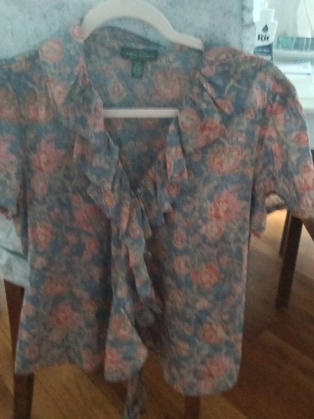 Ralph Lauren Blue and peach floral ruffle wrap top L